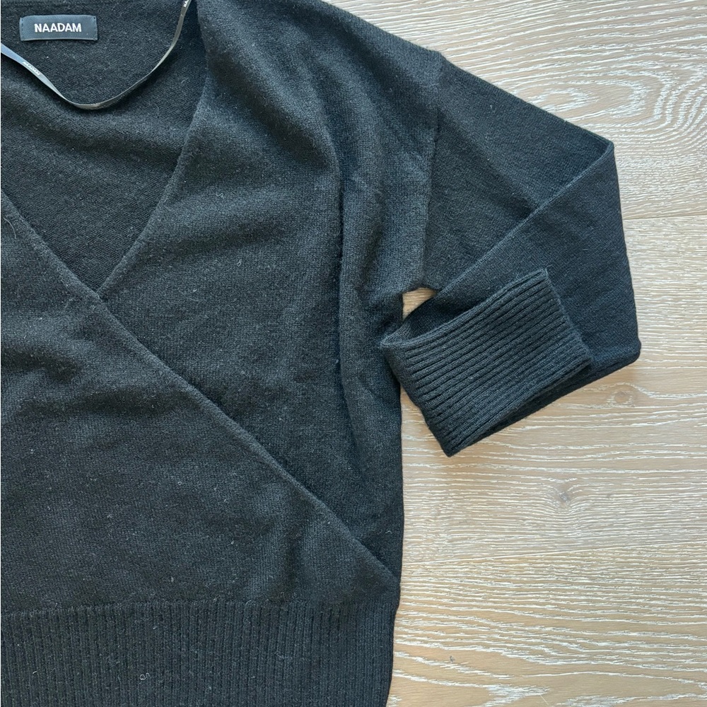 Naadam Cashmere Black V Neck Wrap Sweater with Rib Knit Detail, Size Medium - Picture 2 of 4